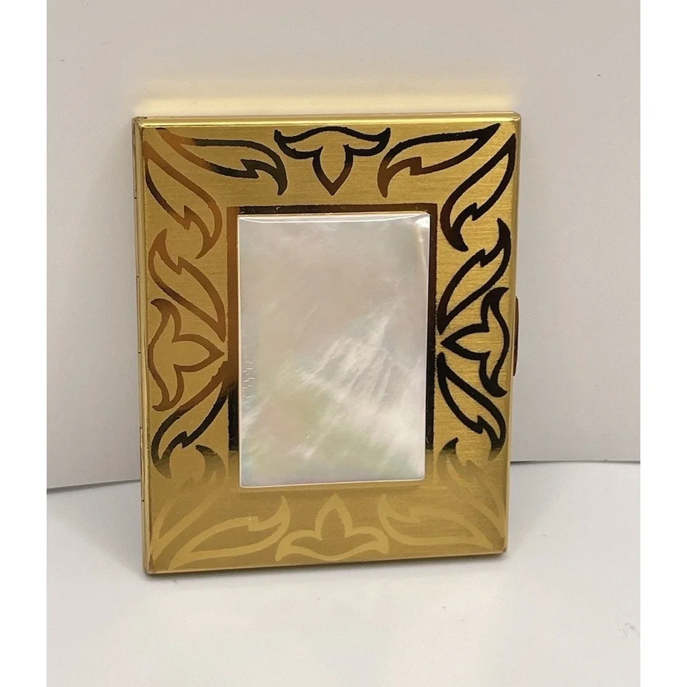 Vintage Elgin American Gold Tone‎ Etched Makeup Compact Mirror Mother Of Pearl